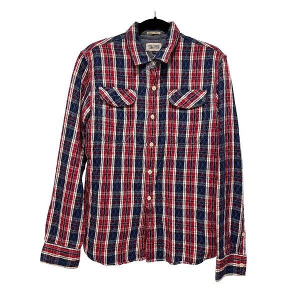 Tommy Hilfiger Men’s M Denim Red White Blue Plaid 2 Ply Cotton Button Up Shirt - Picture 1 of 7